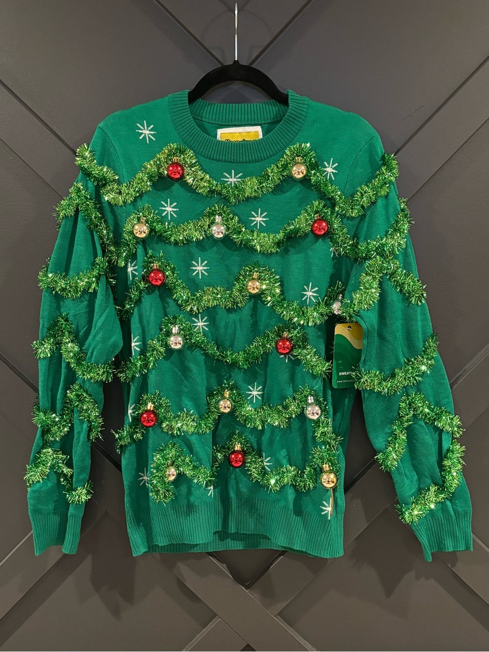 Tipsy Elves Green Tinsel Christmas Tree Sweater with Red & Gold Ornaments